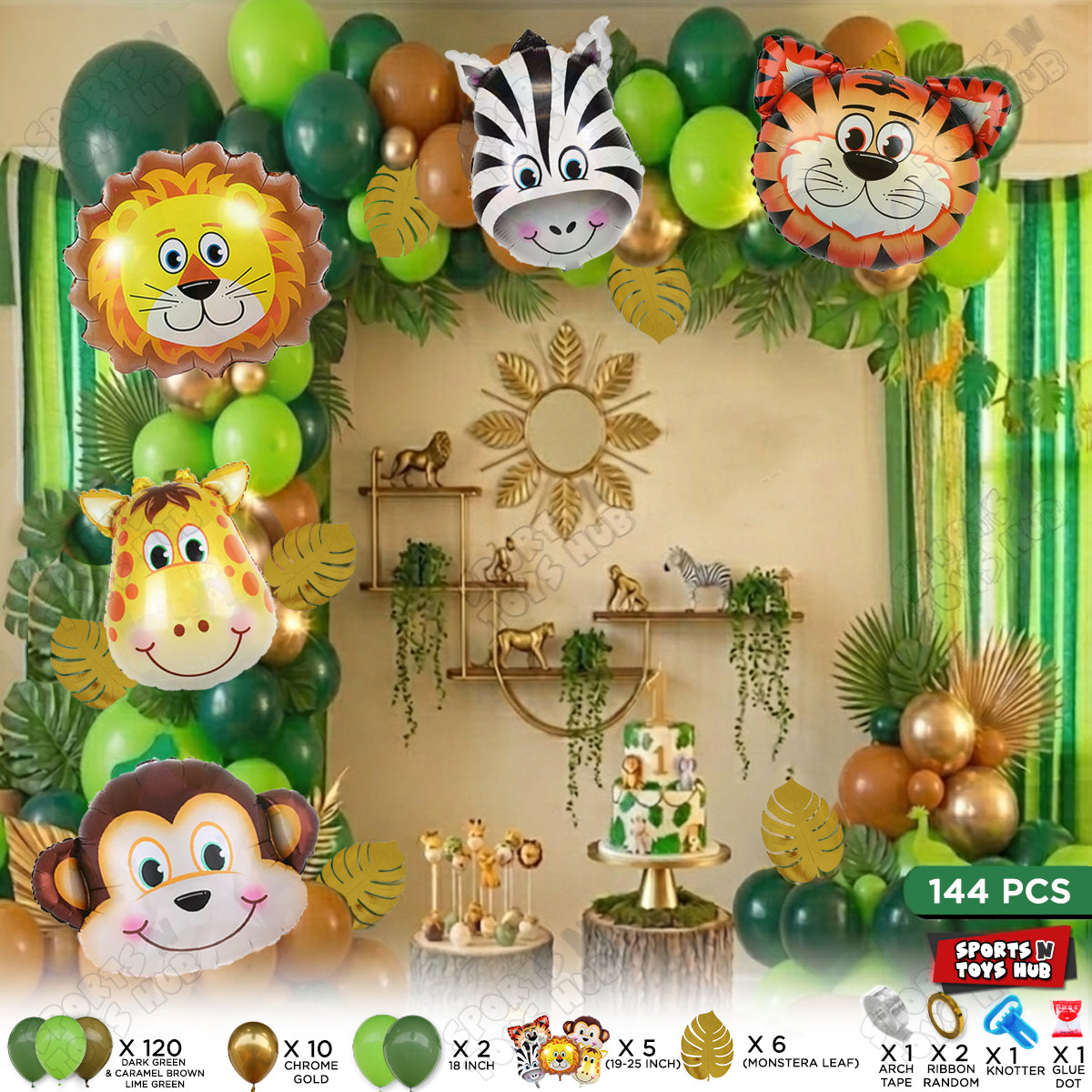 144 Pcs Premium Green, Brown & Chrome Gold Jungle Safari Theme with Balloon Arch Garland