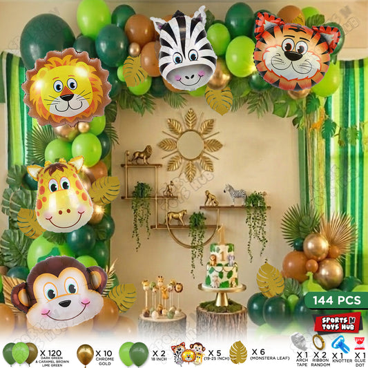 144 Pcs Premium Green, Brown & Chrome Gold Jungle Safari Theme with Balloon Arch Garland