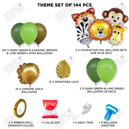 144 Pcs Premium Green, Brown & Chrome Gold Jungle Safari Theme with Balloon Arch Garland