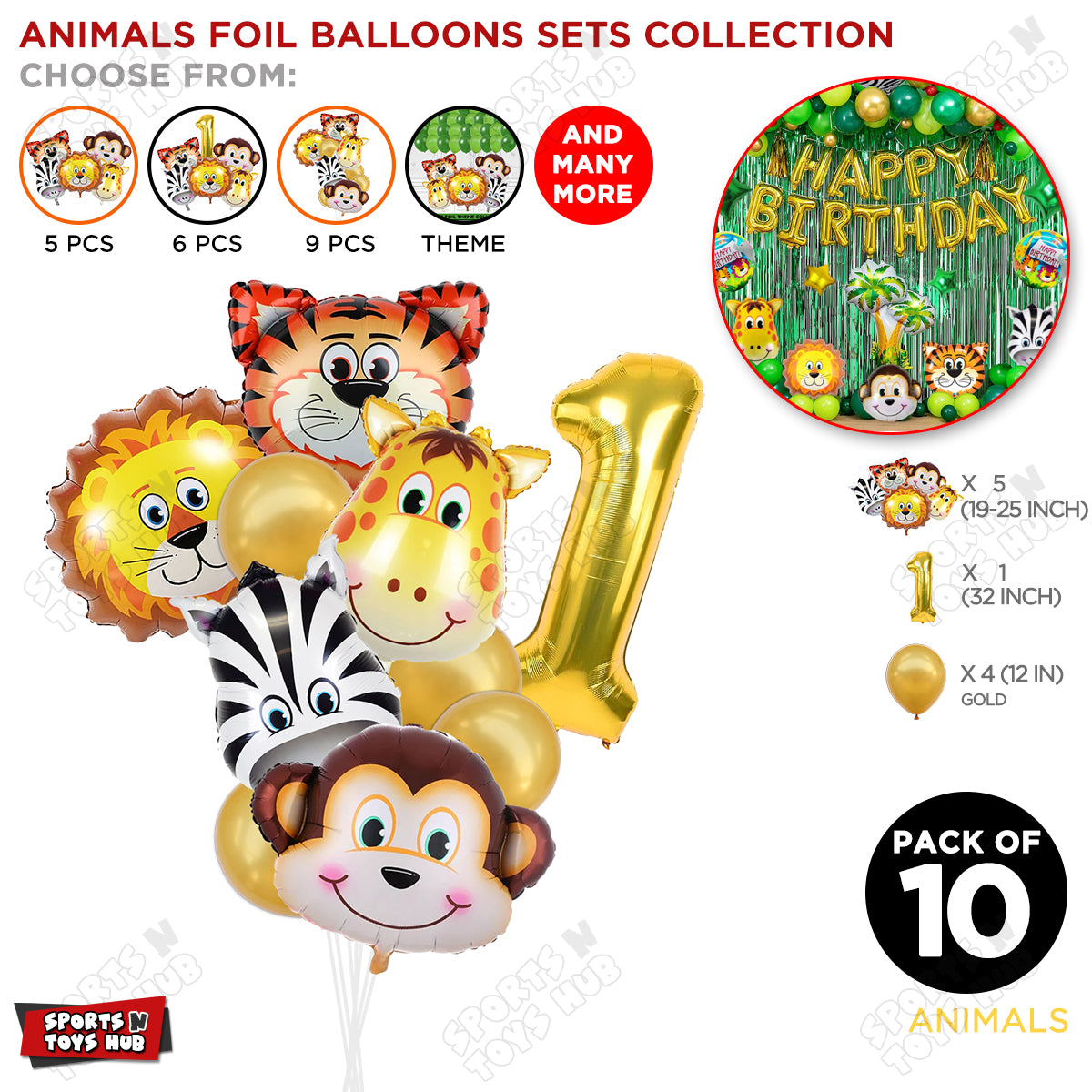 Jungle Safari Animal Character Pack Of 10 Foil Balloon Set