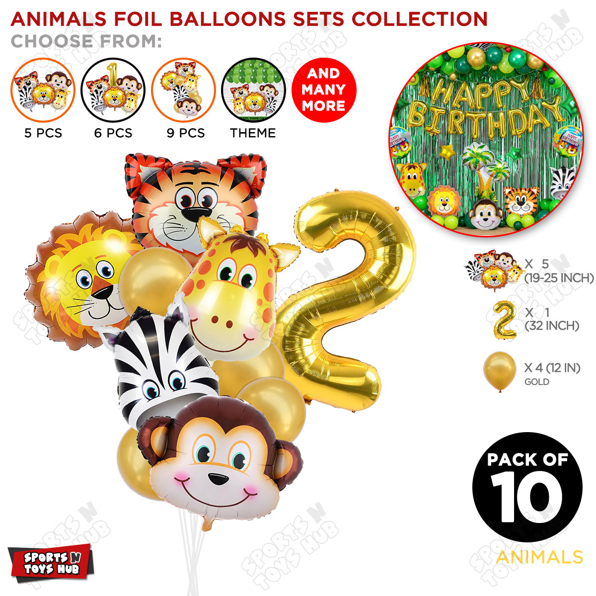 Jungle Safari Animal Character Pack Of 10 Foil Balloon Set