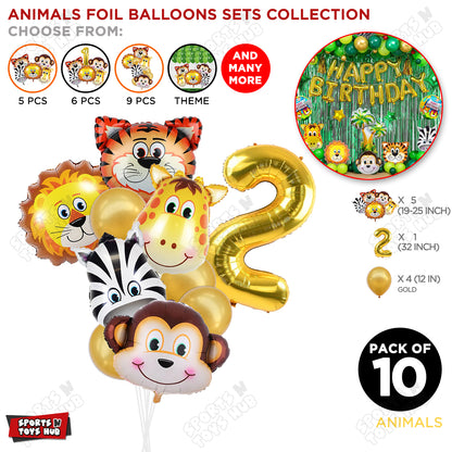 Jungle Safari Animal Character Pack Of 10 Foil Balloon Set