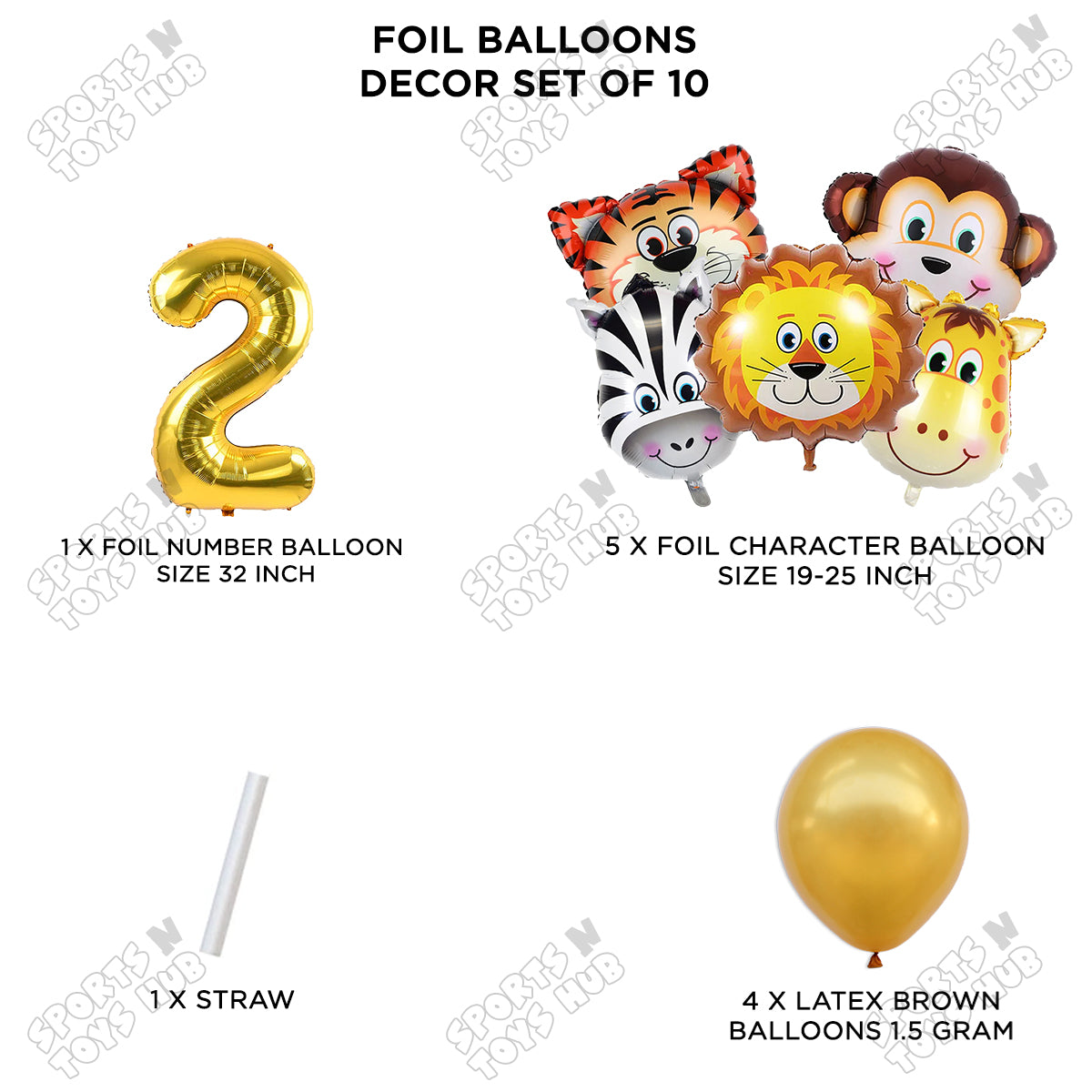 Jungle Safari Animal Character Pack Of 10 Foil Balloon Set