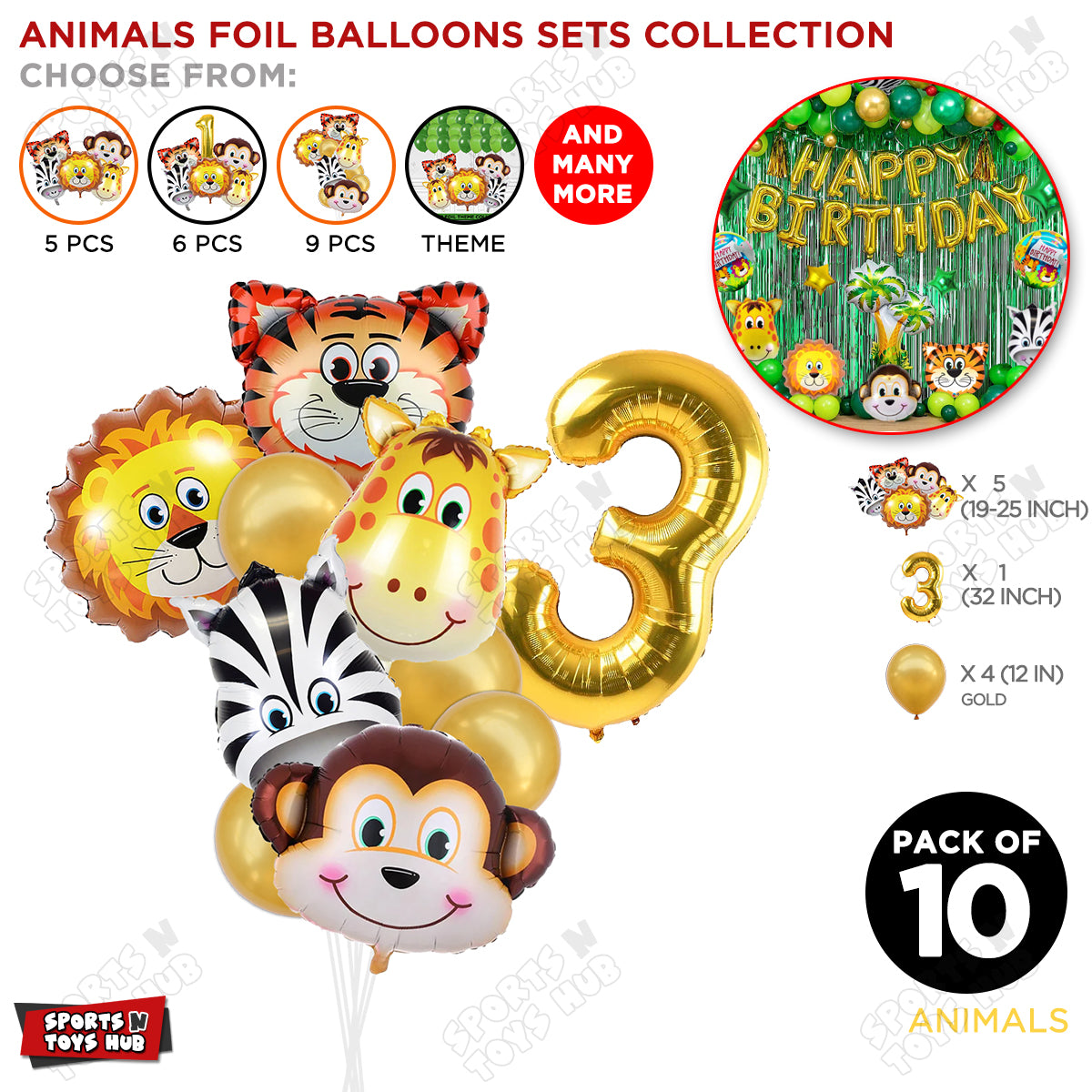 Jungle Safari Animal Character Pack Of 10 Foil Balloon Set