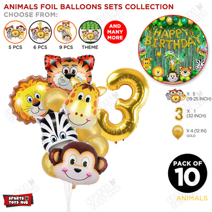 Jungle Safari Animal Character Pack Of 10 Foil Balloon Set