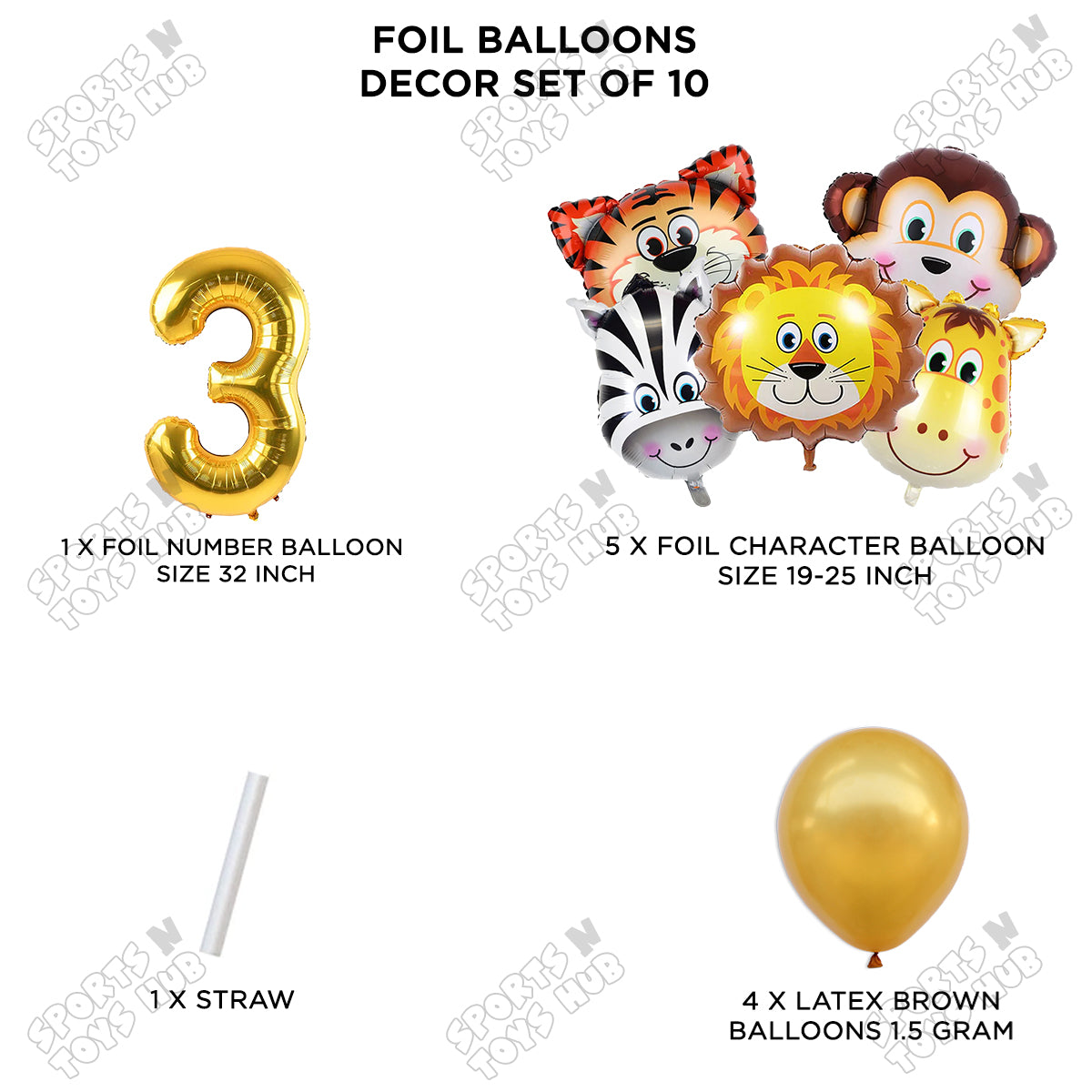 Jungle Safari Animal Character Pack Of 10 Foil Balloon Set