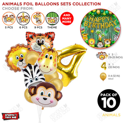 Jungle Safari Animal Character Pack Of 10 Foil Balloon Set