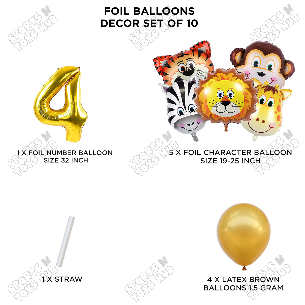 Jungle Safari Animal Character Pack Of 10 Foil Balloon Set