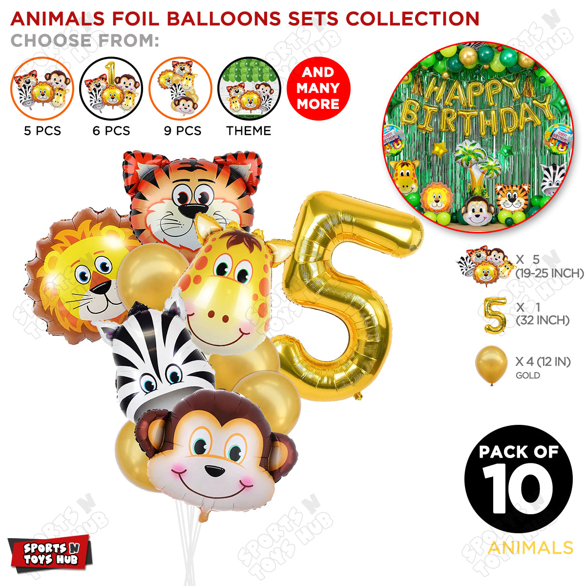 Jungle Safari Animal Character Pack Of 10 Foil Balloon Set