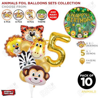 Jungle Safari Animal Character Pack Of 10 Foil Balloon Set