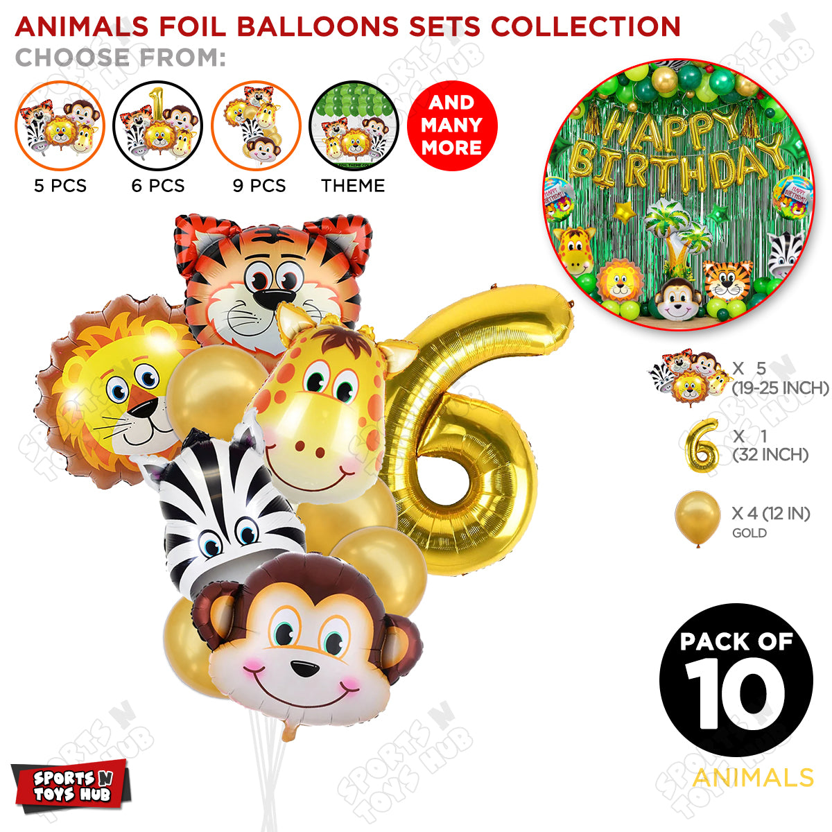 Jungle Safari Animal Character Pack Of 10 Foil Balloon Set