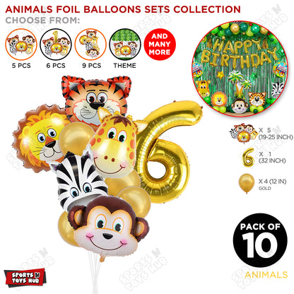 Jungle Safari Animal Character Pack Of 10 Foil Balloon Set