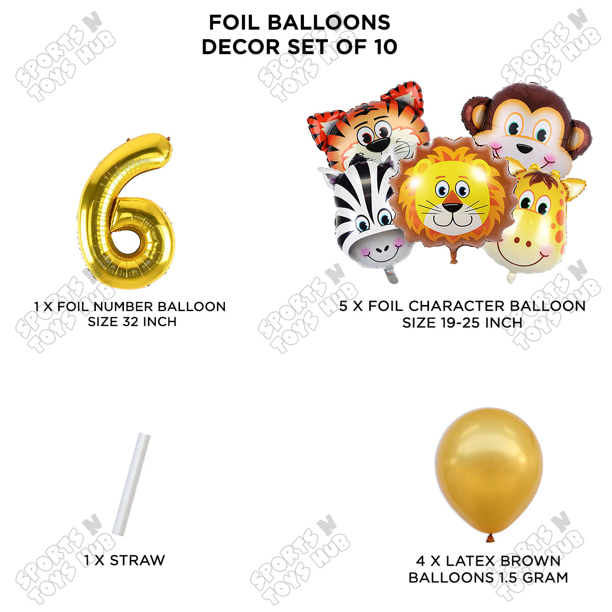 Jungle Safari Animal Character Pack Of 10 Foil Balloon Set
