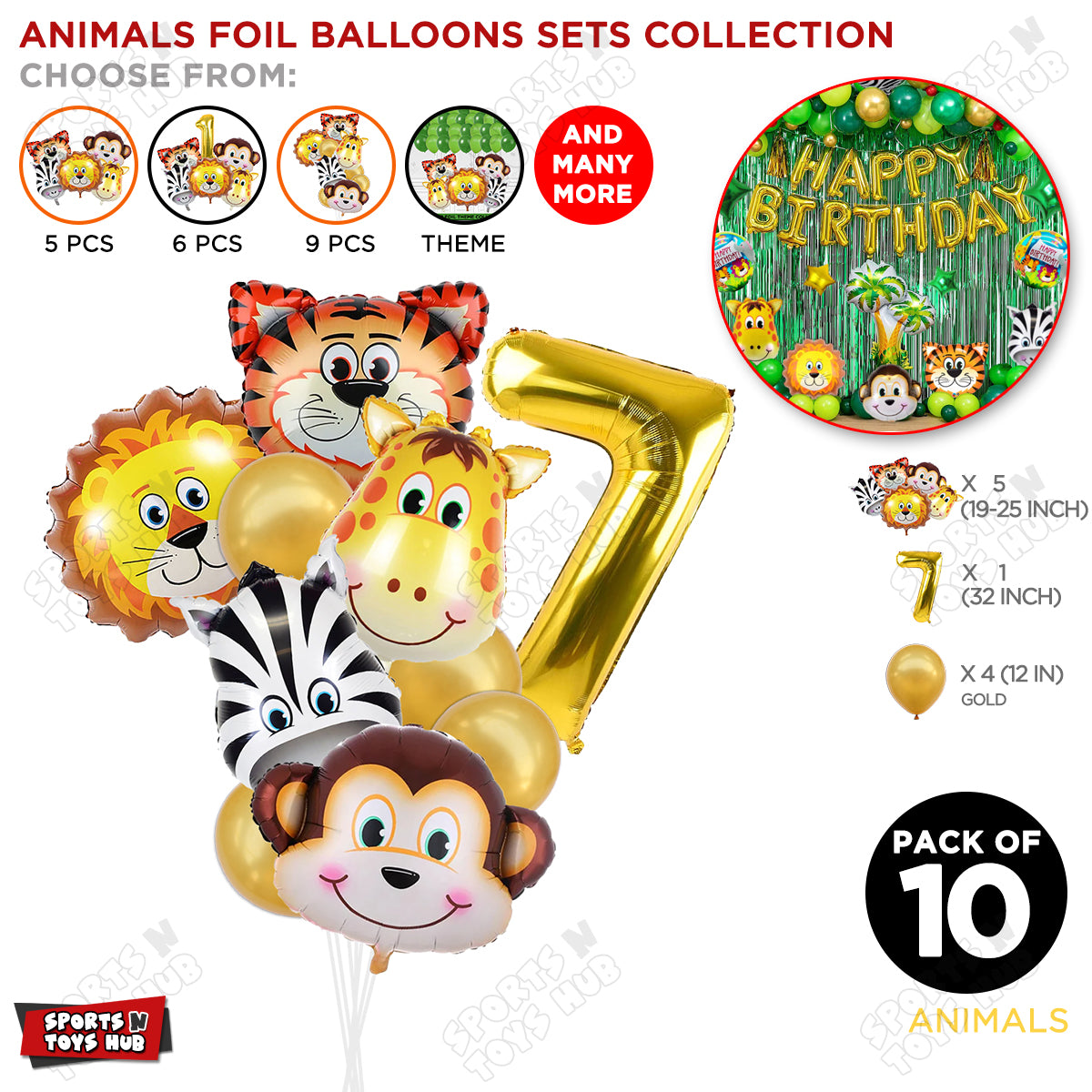 Jungle Safari Animal Character Pack Of 10 Foil Balloon Set