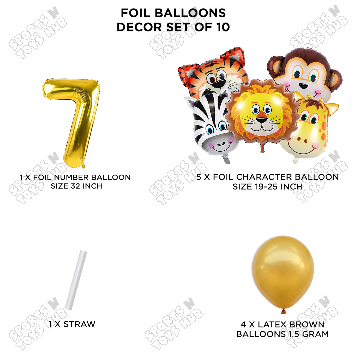 Jungle Safari Animal Character Pack Of 10 Foil Balloon Set