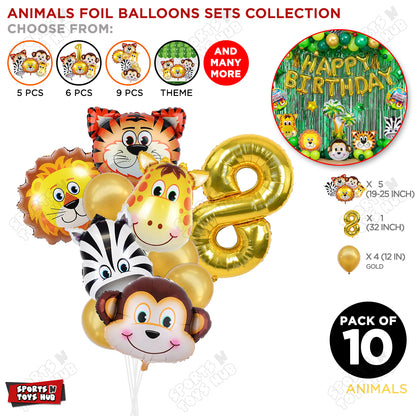Jungle Safari Animal Character Pack Of 10 Foil Balloon Set