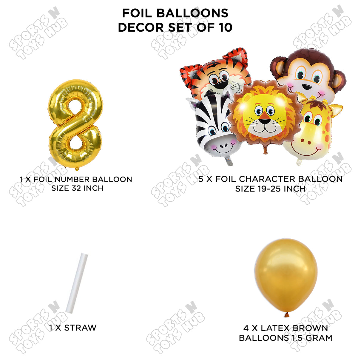 Jungle Safari Animal Character Pack Of 10 Foil Balloon Set