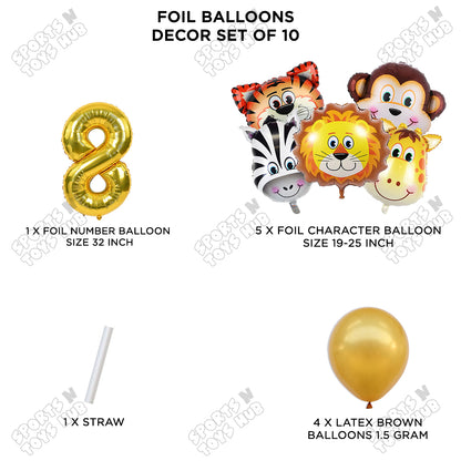 Jungle Safari Animal Character Pack Of 10 Foil Balloon Set