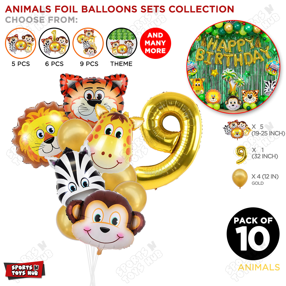 Jungle Safari Animal Character Pack Of 10 Foil Balloon Set