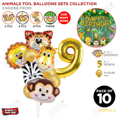 Jungle Safari Animal Character Pack Of 10 Foil Balloon Set