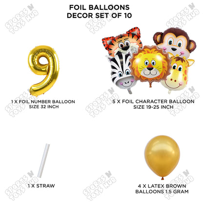 Jungle Safari Animal Character Pack Of 10 Foil Balloon Set