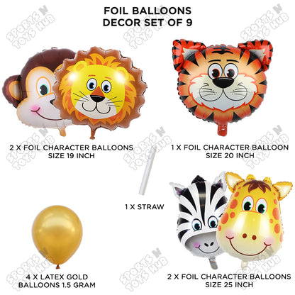 Jungle Safari Animal Character Pack Of 9 Foil Balloon Set