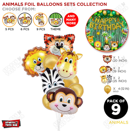 Jungle Safari Animal Character Pack Of 9 Foil Balloon Set
