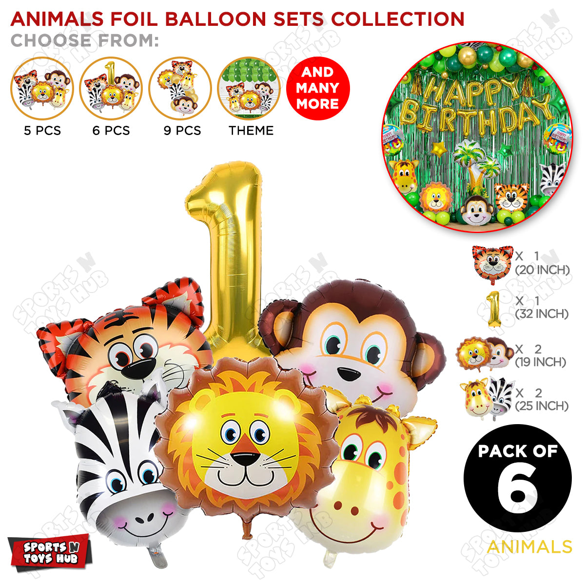 Jungle Safari Animal Character Pack Of 6 Foil Balloon Set