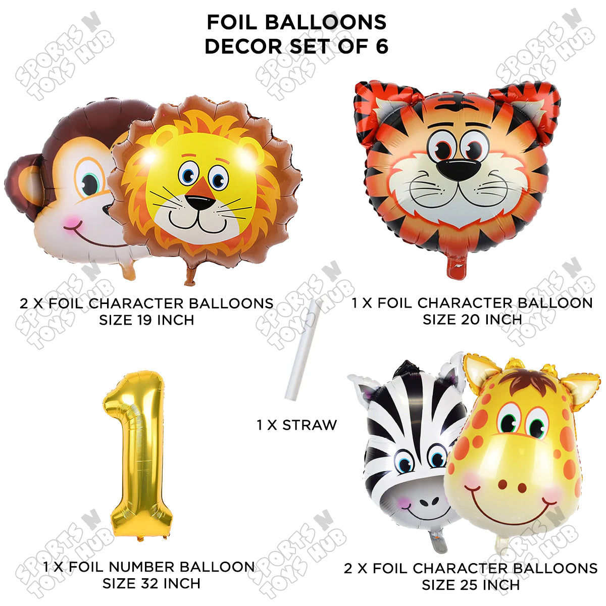 Jungle Safari Animal Character Pack Of 6 Foil Balloon Set