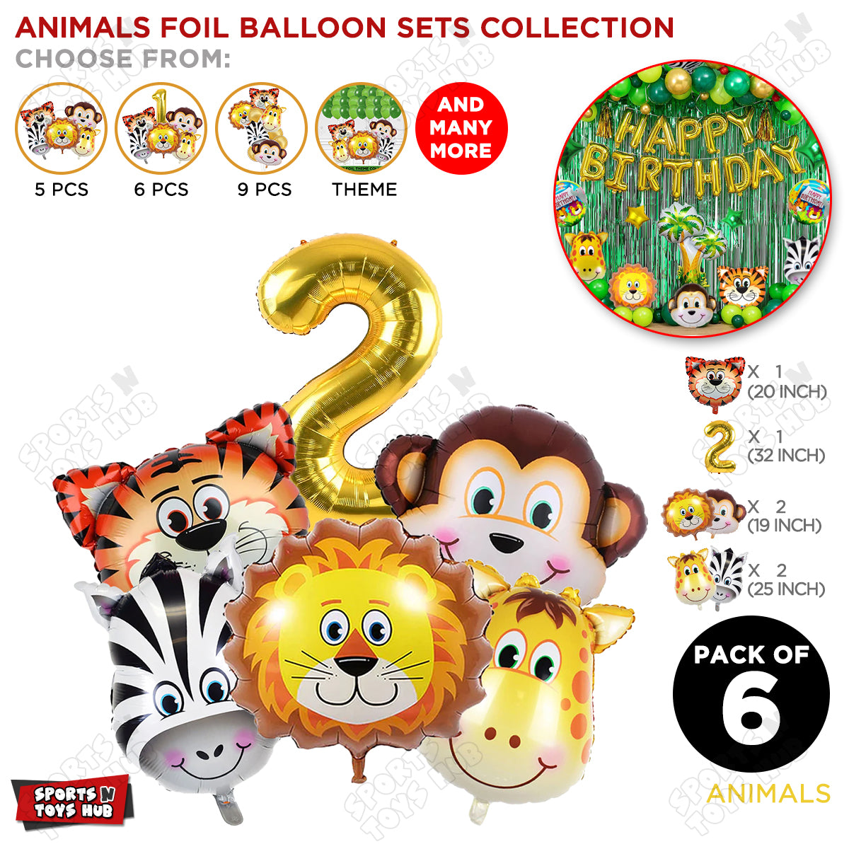 Jungle Safari Animal Character Pack Of 6 Foil Balloon Set