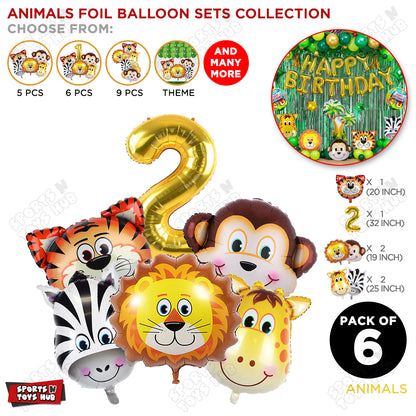 Jungle Safari Animal Character Pack Of 6 Foil Balloon Set