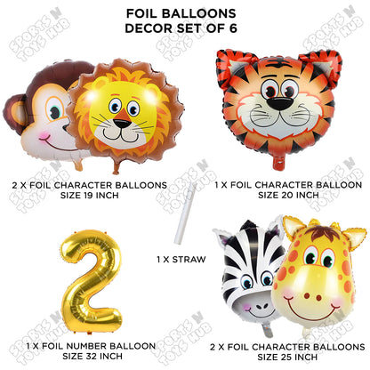 Jungle Safari Animal Character Pack Of 6 Foil Balloon Set