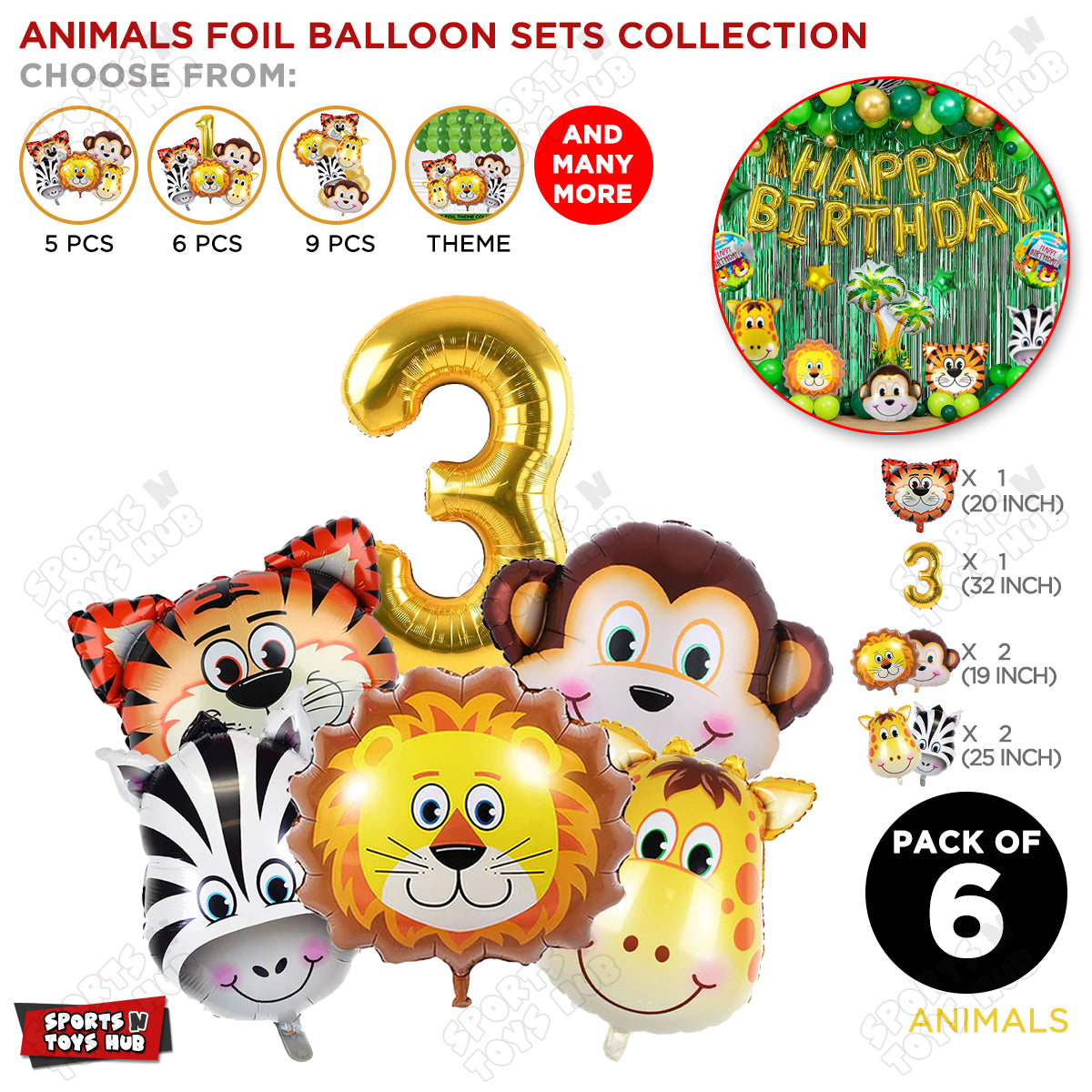 Jungle Safari Animal Character Pack Of 6 Foil Balloon Set