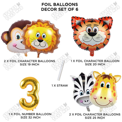 Jungle Safari Animal Character Pack Of 6 Foil Balloon Set