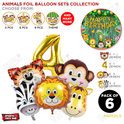 Jungle Safari Animal Character Pack Of 6 Foil Balloon Set