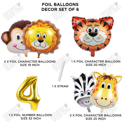 Jungle Safari Animal Character Pack Of 6 Foil Balloon Set