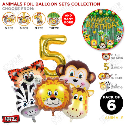 Jungle Safari Animal Character Pack Of 6 Foil Balloon Set