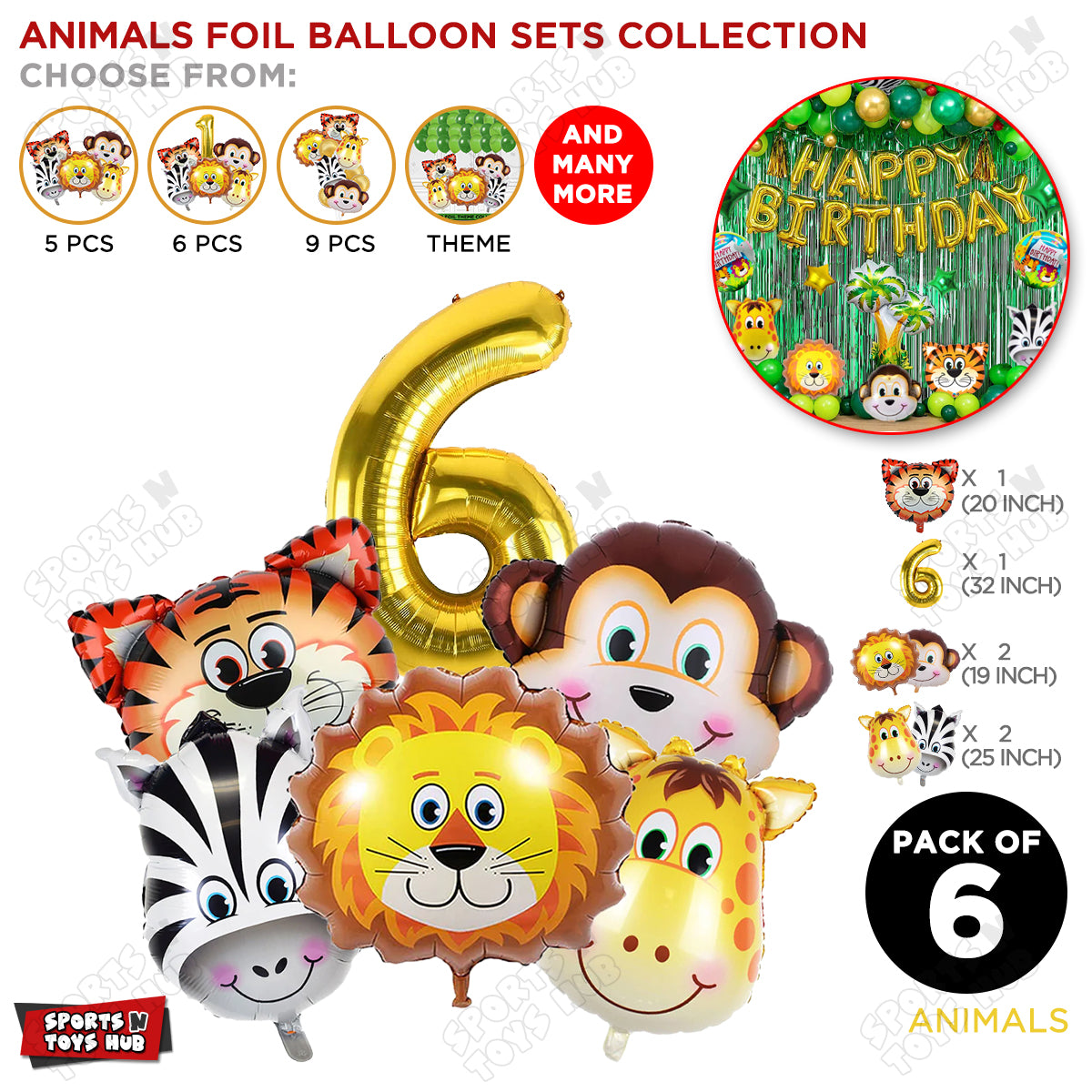 Jungle Safari Animal Character Pack Of 6 Foil Balloon Set