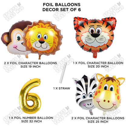 Jungle Safari Animal Character Pack Of 6 Foil Balloon Set