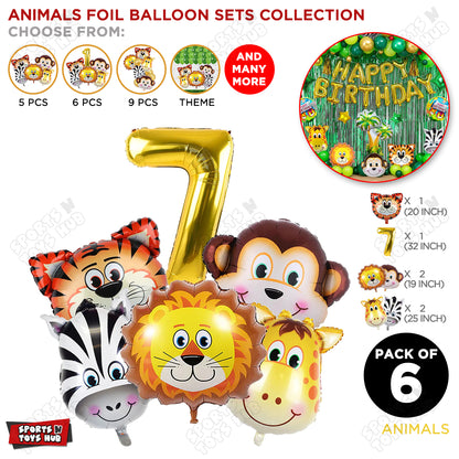 Jungle Safari Animal Character Pack Of 6 Foil Balloon Set