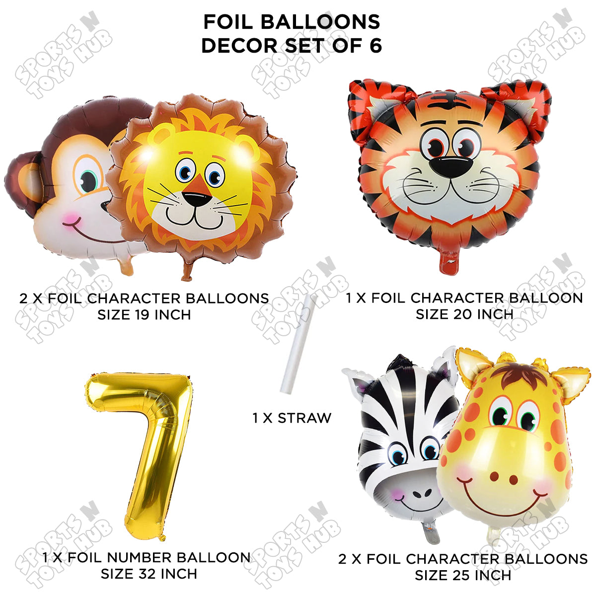 Jungle Safari Animal Character Pack Of 6 Foil Balloon Set