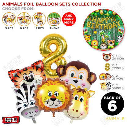 Jungle Safari Animal Character Pack Of 6 Foil Balloon Set