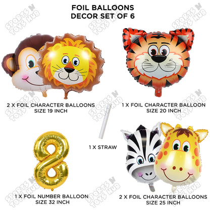 Jungle Safari Animal Character Pack Of 6 Foil Balloon Set
