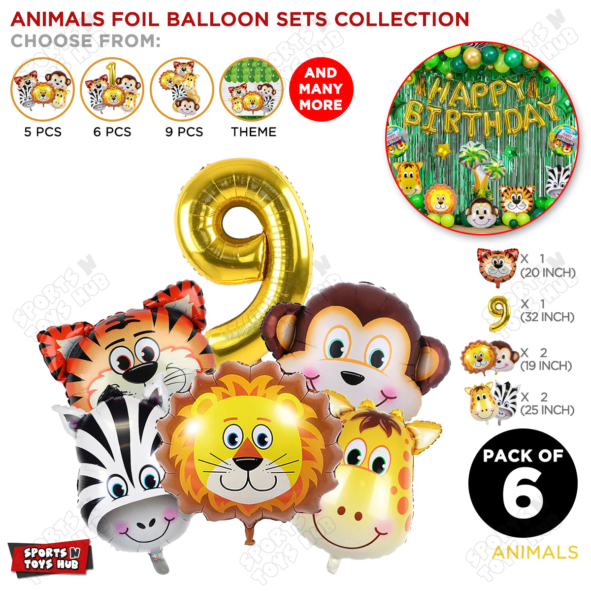 Jungle Safari Animal Character Pack Of 6 Foil Balloon Set