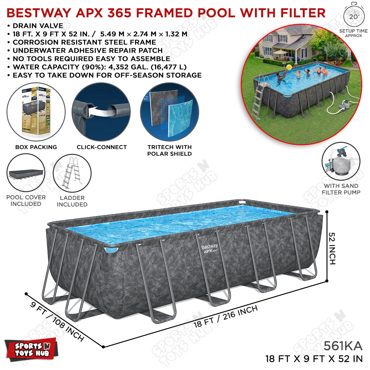 Bestway APX 365 Rectangle Above Ground Pool Set - 561KA