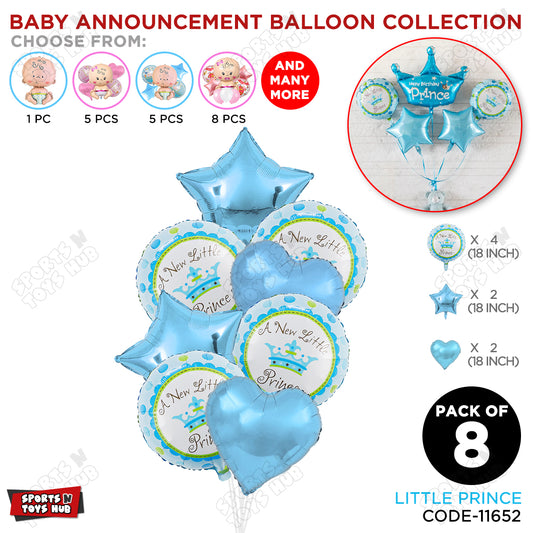 Baby Announcement Little Prince Round Foil Balloon - Pack Of 8