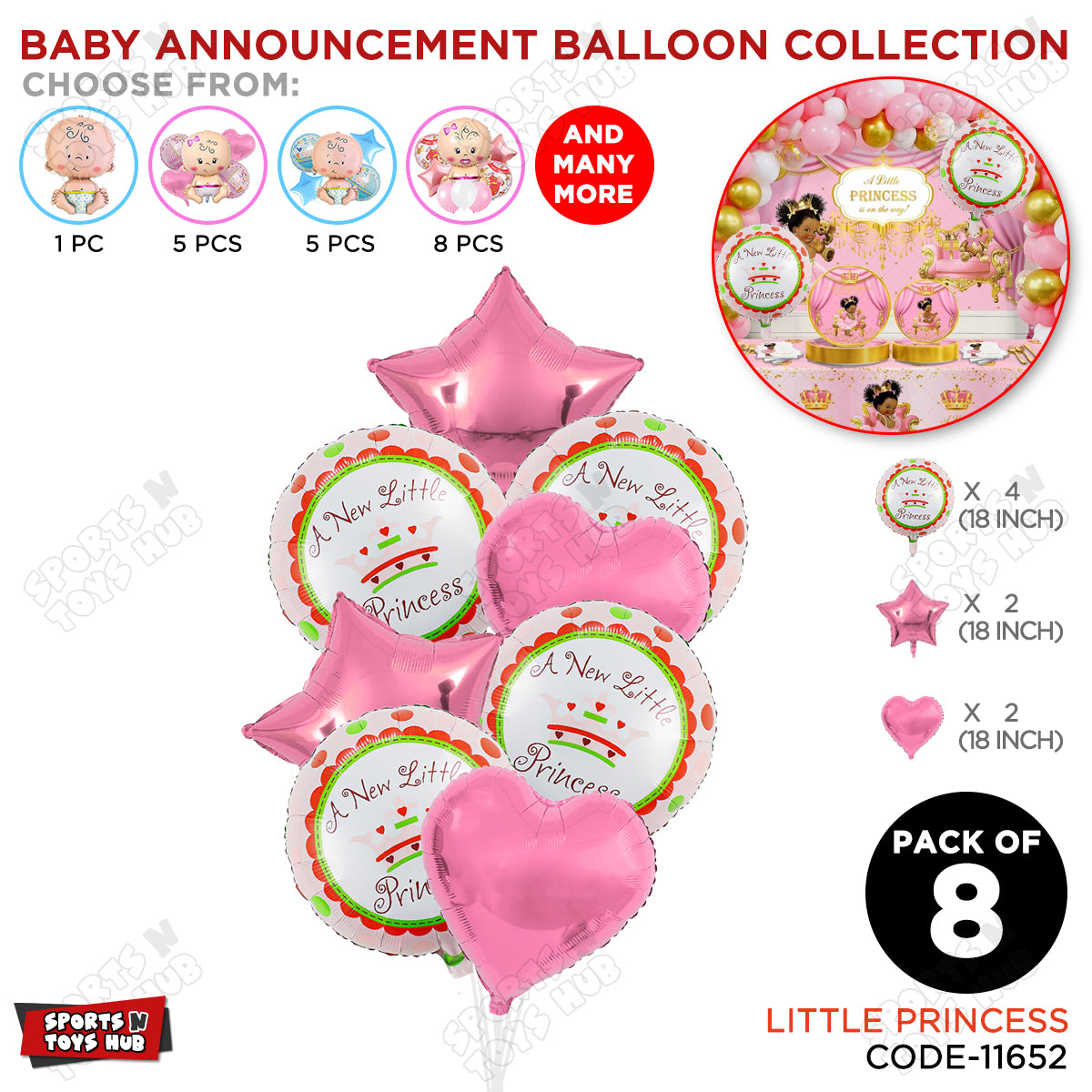 Baby Announcement Little Princess Round Foil Balloon - Pack Of 8