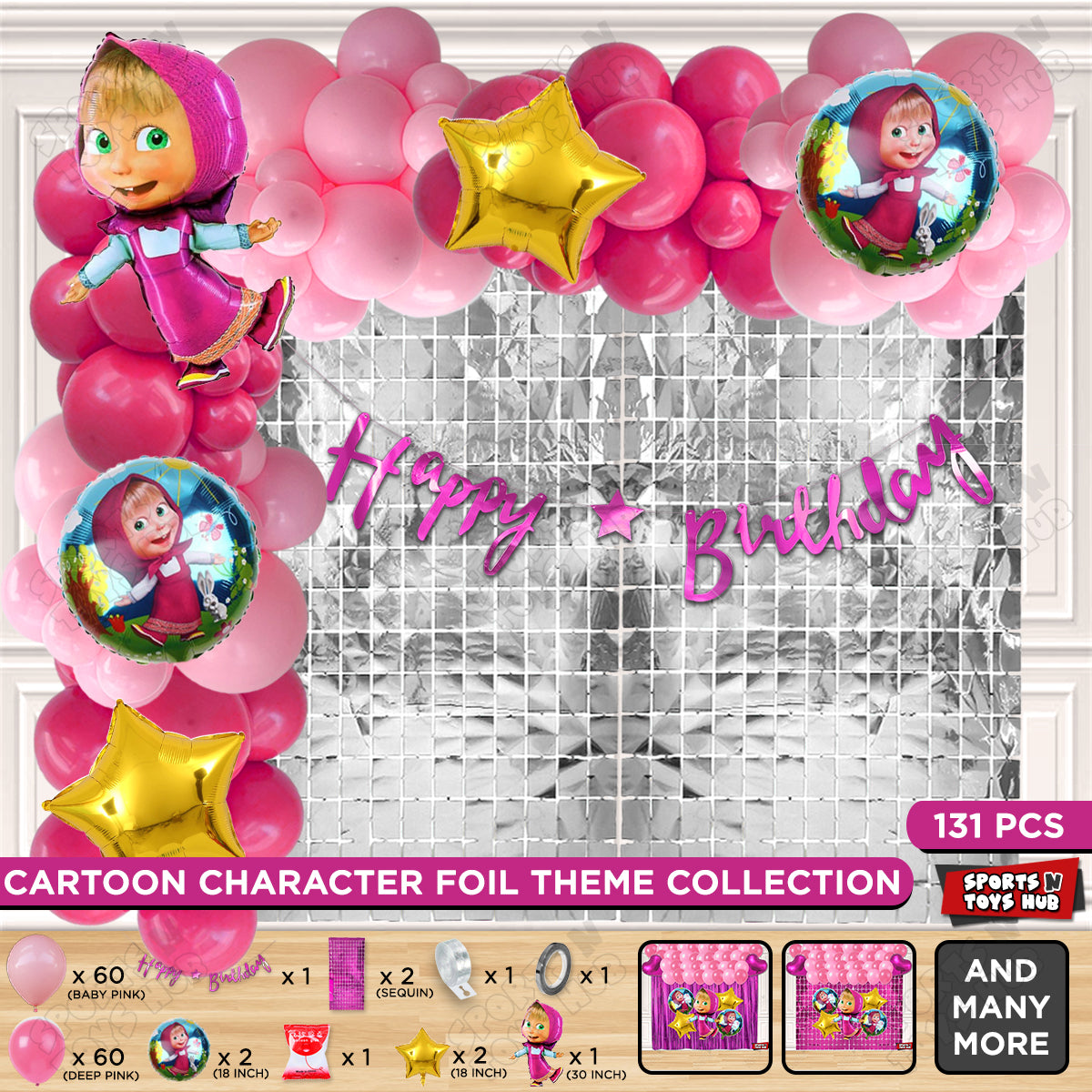 M@sha and The Bear Foil Balloon With Happy Birthday Cursive Banner Arch Theme