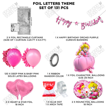 Princess Peach Foil Balloon Set With HBD Cursive Banner Theme