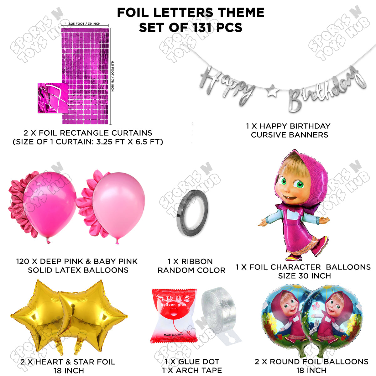 M@sha and The Bear Foil Balloon With Happy Birthday Cursive Banner Arch Theme